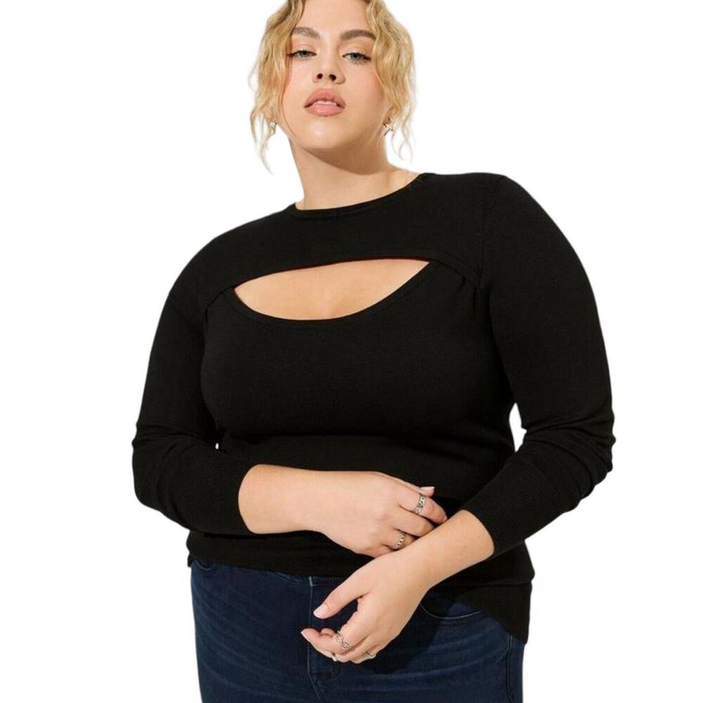 Torrid Sweater Womens 4X Black Pullover Fitted Cut Out Stretch Rayon Knit